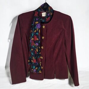 VTG Halmode Petites Blazer‎ with Attached Scarf Gold Buttons Woman 10P Burgundy